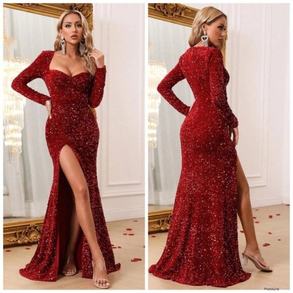 FAERIESTY red Sweetheart Neck Split Thigh Sequin Formal Dress XSmall - Picture 1 of 15